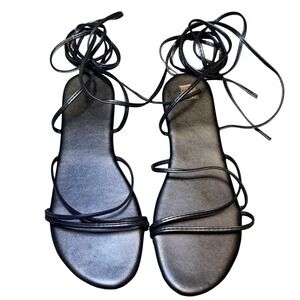 Black Lace Up Strappy Sandals Flat Gladiator Wrap Tie Up Size 8 EU 40